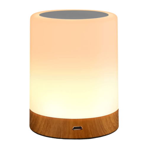 Luminária Portátil com sensor touch, Led, 7 cores, 3 intensidades de Brilho, Base estilo madeira. Elegante e ideal para decoração e iluminação aconchegante. 