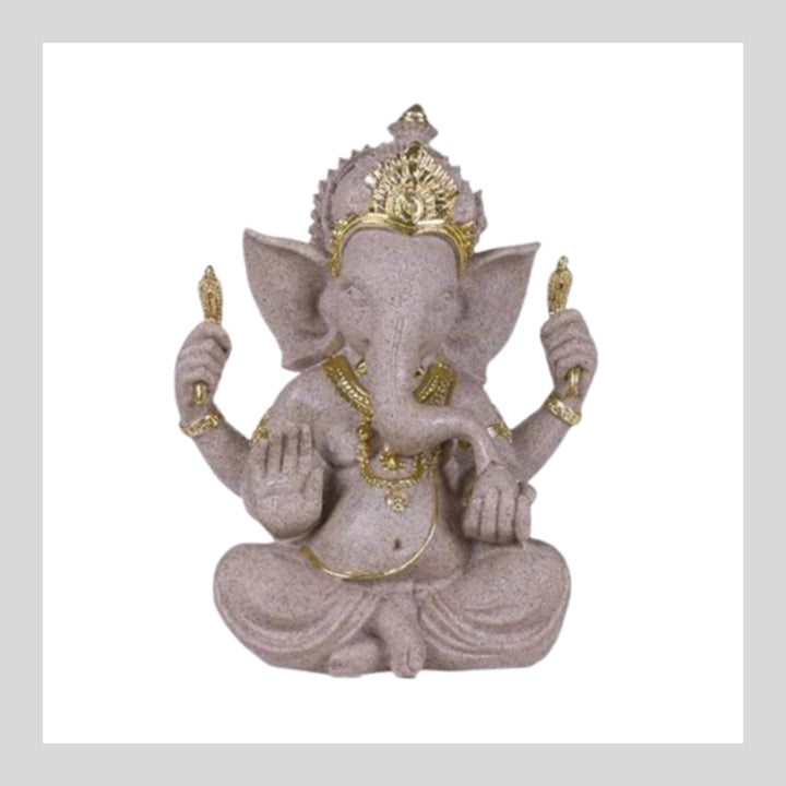 Estátua de Ganesha em arenito e resina simbolizando prosperidade e proteção.