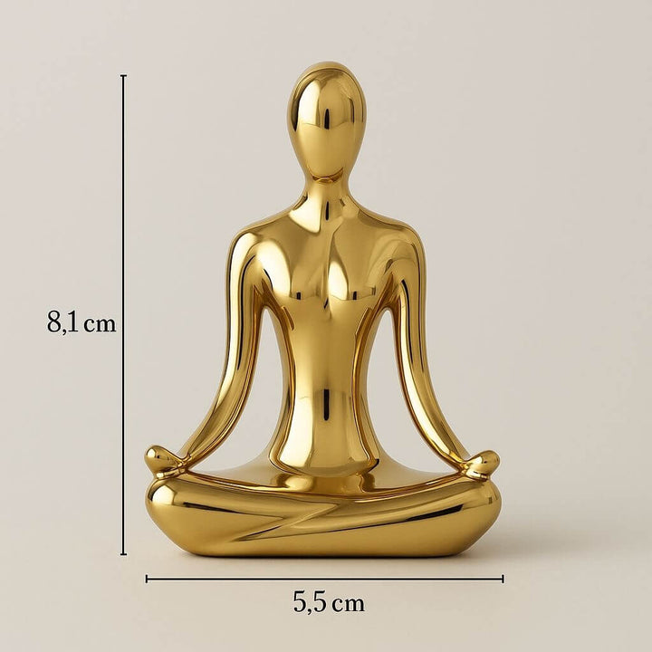 Estatueta dourada em cerâmica de 8,1 cm com Chin Mudra, símbolo de consciência e equilíbrio mental na meditação.
