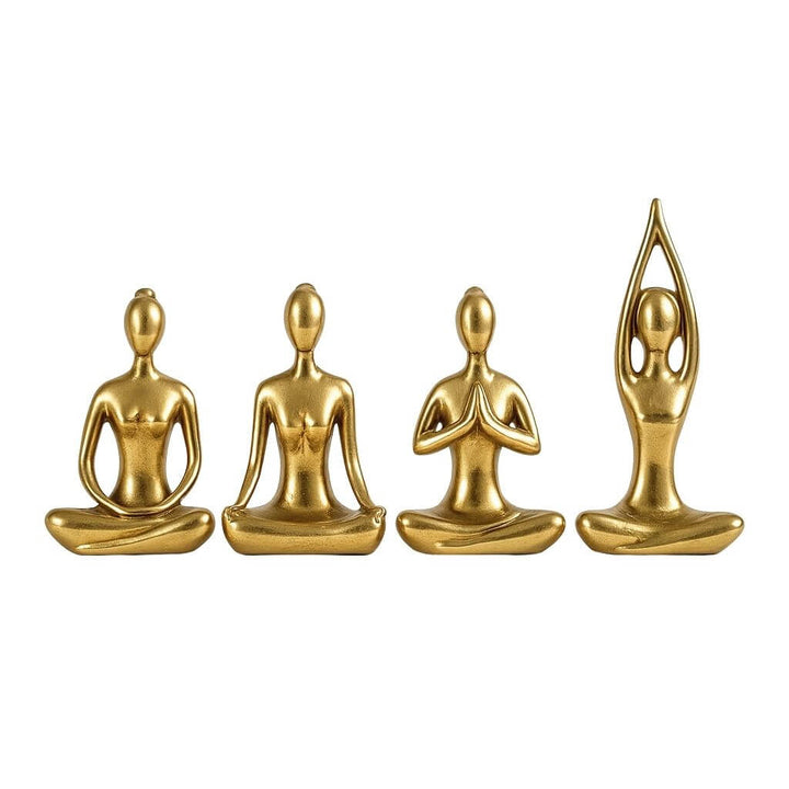Esculturas douradas de yoga em cerâmica com quatro posturas meditativas e mudras, ideais para decoração espiritual.