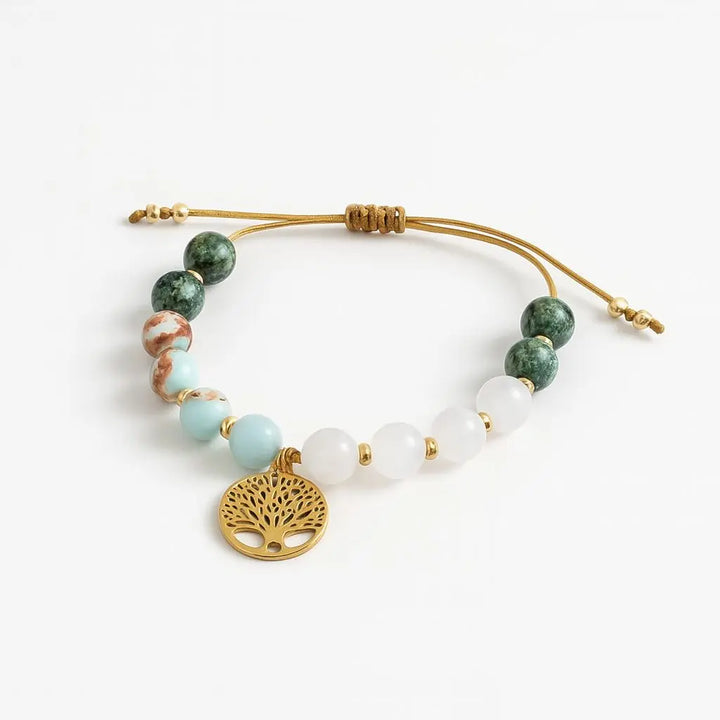 Japamala 108 contas em pedras naturais Jade Branca, Turquesa Africana, Jaspe Imperador e Quartzo Branco, ideal para meditação e equilíbrio energético.