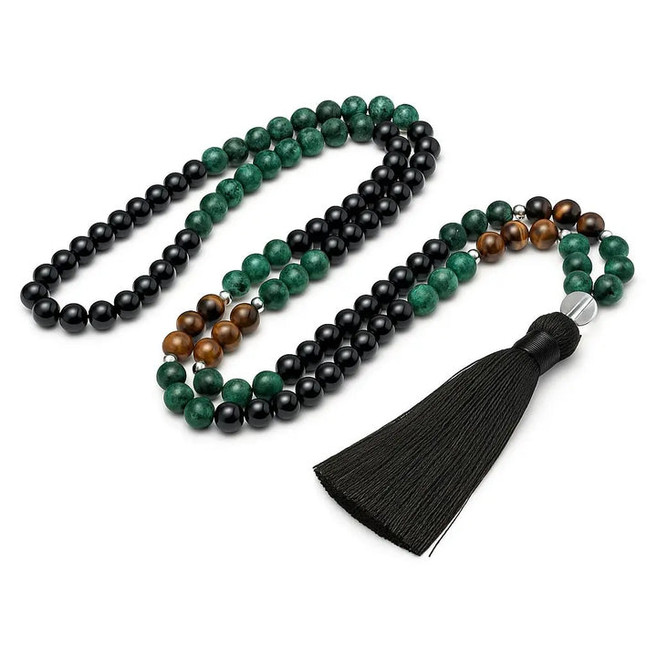 Japamala 108 contas com Ágata Negra e Olho de Tigre, perfeito para promover paz interior, proteção contra energias negativas e fortalecer a meditação.