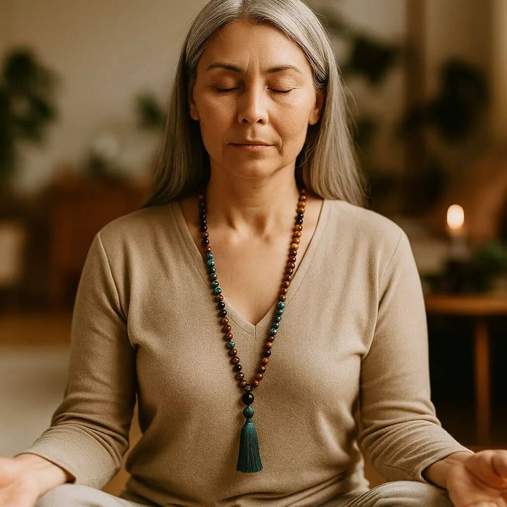 Japamala Olho de Tigre, Turquesa Africana e Ônix Negra com 108 contas, ideal para meditação, foco e proteção espiritual. Como usar durante práticas de mindfulness e oração.