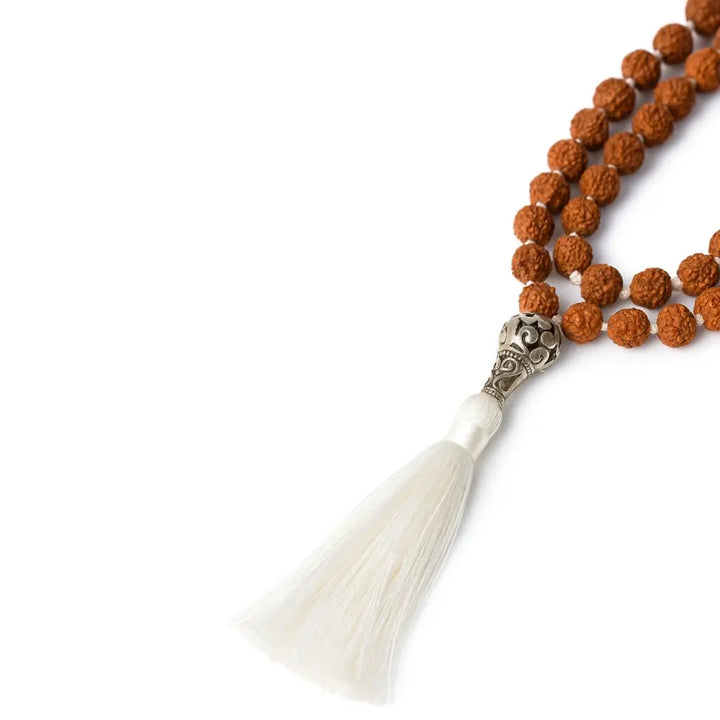 Japamala 108 contas de Semente de Rudraksha com tassel e pingente de proteção para fortalecer práticas espirituais e meditação.