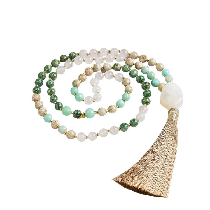 Japamala 108 contas para Hoponopono, com pedras naturais como Jade Branca, Turquesa Africana e Quartzo Branco, para cura emocional.