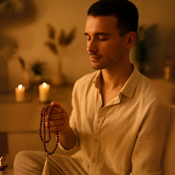 Meditação profunda com Japamala de Semente de Rudraksha, promovendo paz interior e alinhamento energético durante práticas espirituais.