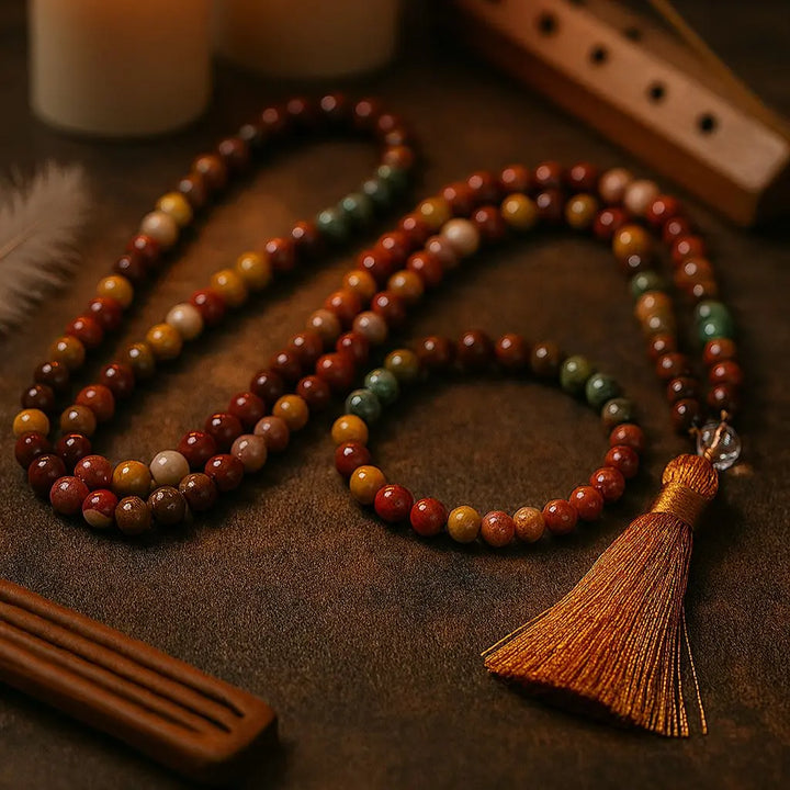 Japamala de pedras naturais com cores quentes e tranquilas, perfeito para práticas espirituais e meditação profunda, com destaque para a Turquesa Africana.