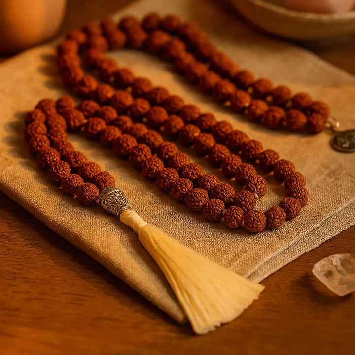 Japamala Semente de Rudraksha sobre fundo sereno, ideal para meditação e reconciliação energética com o uso do Ho'oponopono.