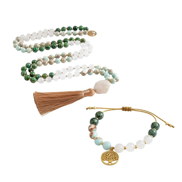 Japamala 108 contas com Quartzo Branco, Jade Branca, Jaspe Imperador e Turquesa Africana para meditação e harmonia energética.
