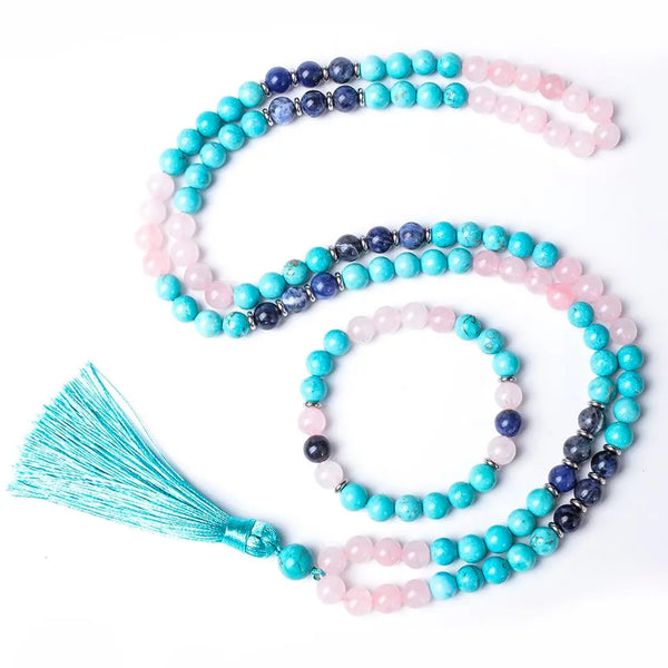 Japamala Quartzo Rosa, Turquesa e Lápis-Lazúli com pulsiera, ideal para práticas meditativas e equilíbrio espiritual.