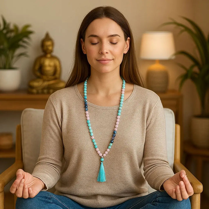 Mulher em meditação com Japamala Quartzo Rosa, Turquesa e Lápis-Lazúli, estimulando a paz interior e o equilíbrio energético.