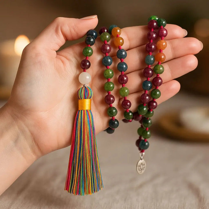 Japamala Samadhi com 108 contas de turmalina colorida naturais, segurado na mão – colar espiritual artesanal para meditação e equilíbrio energético