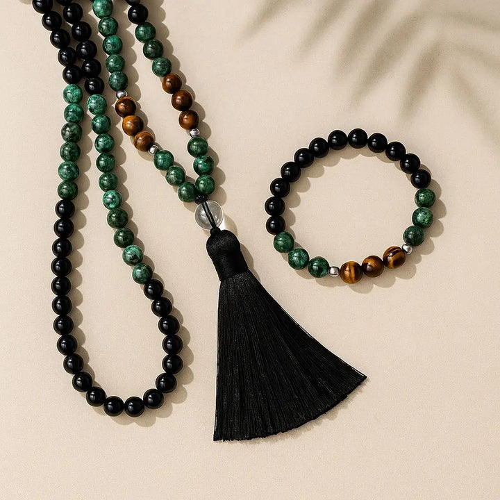Japamala 108 contas com Turquesa Africana e Olho de Tigre, excelente para meditação, proteção espiritual e equilíbrio emocional.