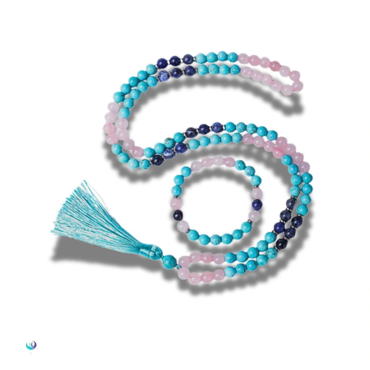 Japamala de Quartzo Rosa, Turquesa e Lápis-Lazúli com 108 contas e pulseira combinando, ideal para meditação e equilíbrio energético.