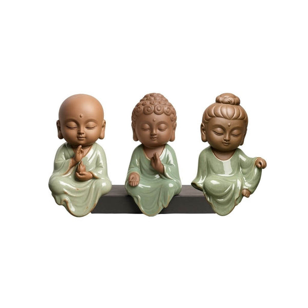 Kit com 3 mini estátuas de Buda verdes em cerâmica para decoração zen, esotérica e espiritualidade