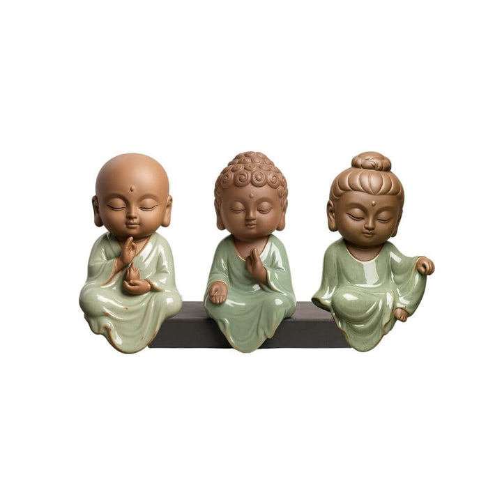 Kit com 3 mini estátuas de Buda verdes em cerâmica para decoração zen, esotérica e espiritualidade