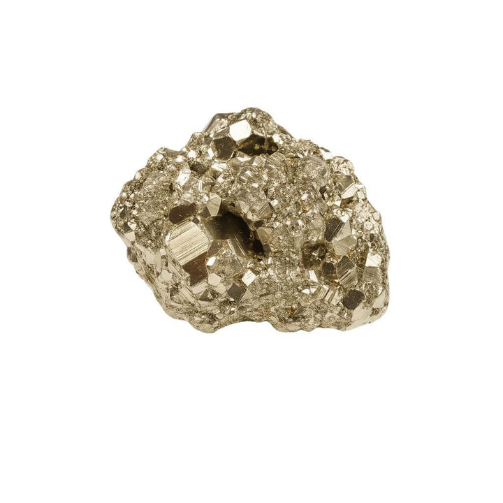 Cristal de pirita natural com estrutura cúbica, pedra da prosperidade e proteção energética.