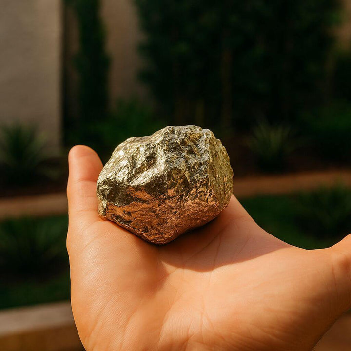  Pirita mineral natural segura na mão, usada como amuleto de proteção energética e sorte nos negócios.