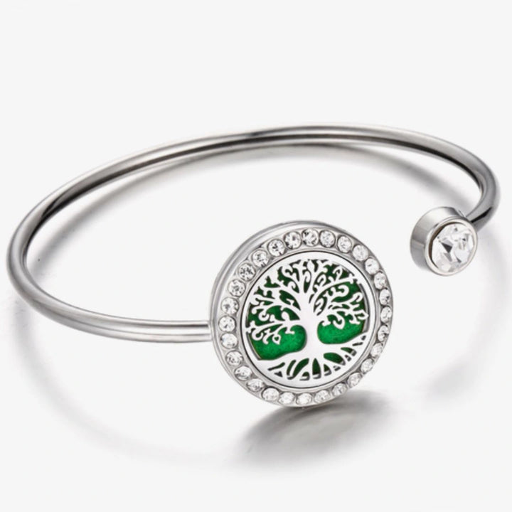 Pulseira Bracelete Feminino Prata Com Cristais Cravejados e Difusor para perfumes e óleos essenciais Árvore da Vida
