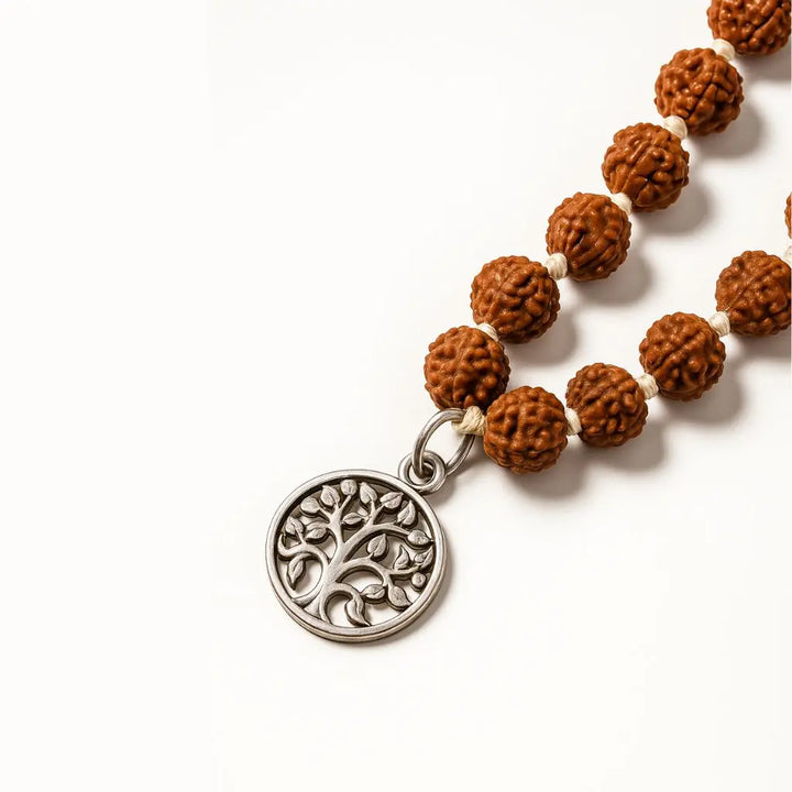 Japamala de Semente de Rudraksha com Pingente de Árvore da Vida para meditação, equilíbrio energético e proteção espiritual.